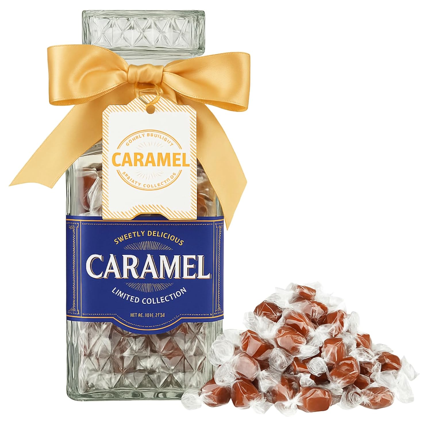 Scotch Whiskey Caramels & Glass Decanter - Him & Her, Premium Salted Caramel, Chocolate Candy Delights Gourmet Collection, Father’s Day Gift Basket for Men, Boyfriend, Husband, Dad