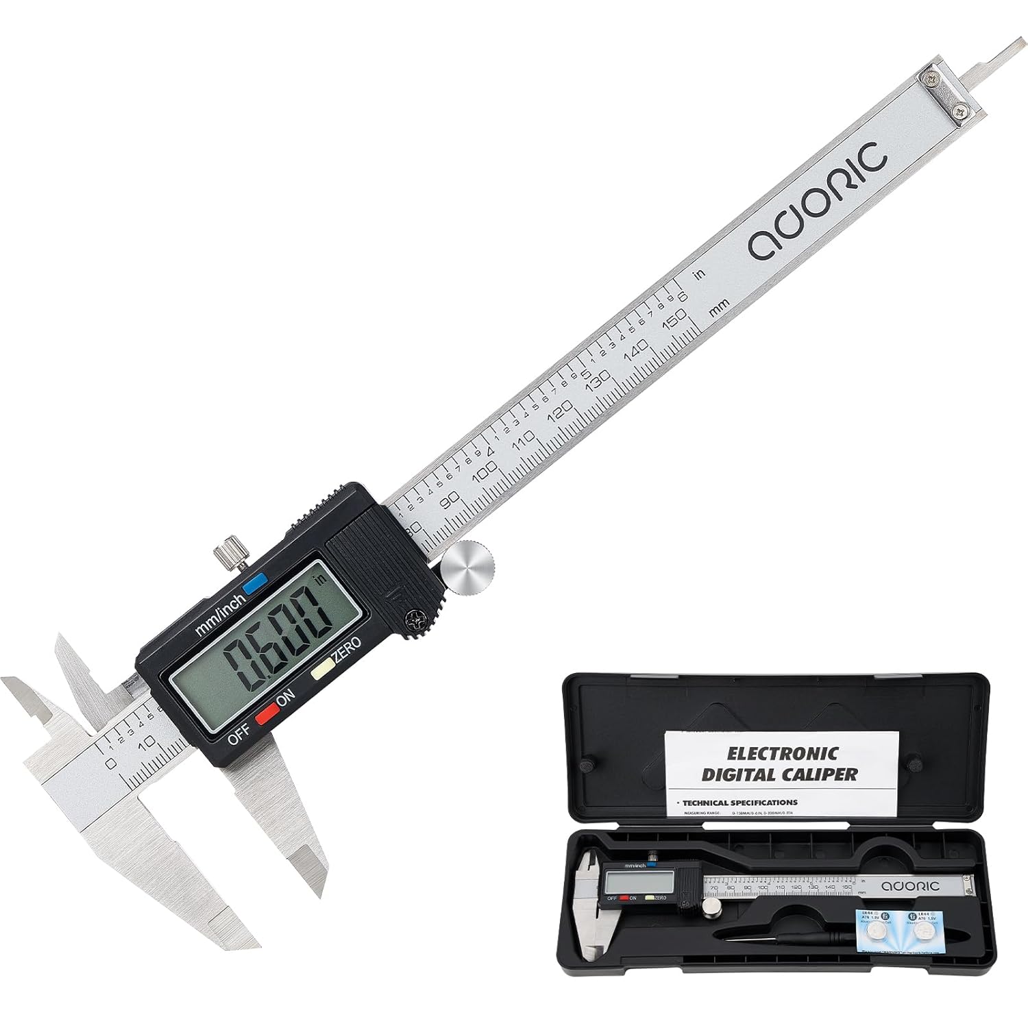 Adoric Digital Caliper, Electronic Digital Caliper Stainless Steel Body with Large LCD Screen | 0-6 Inches | Inch/Millimeter Conversion