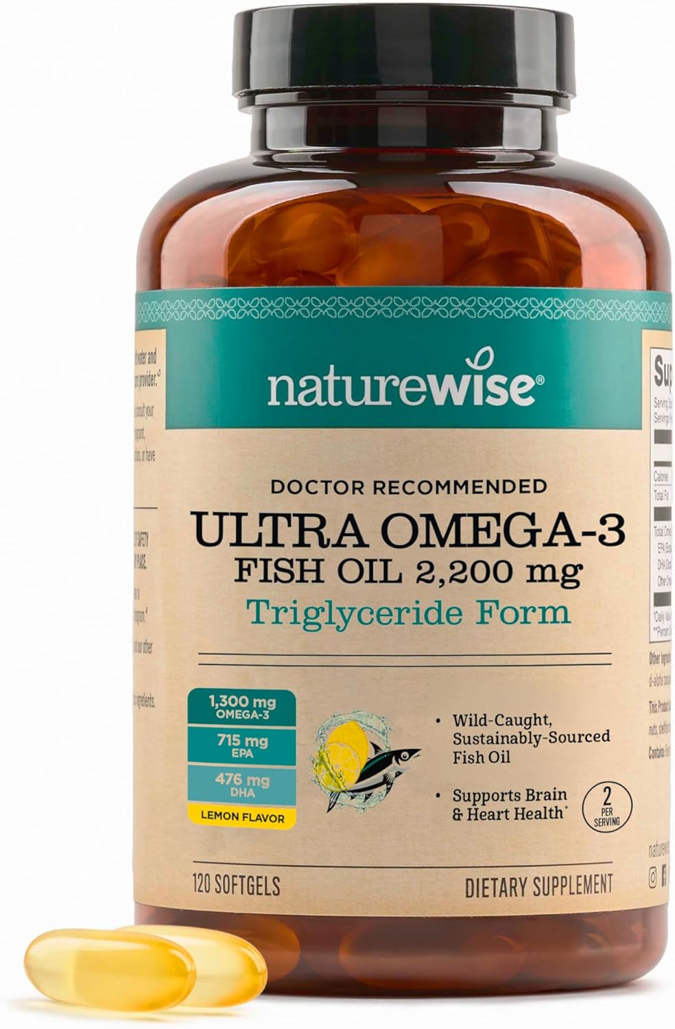 NatureWise Ultra Omega 3 Fish Oil 2200 mg - Triglyceride Form - Lemon Flavor - Wild-Caught Fish Oil + EPA & DHA - Supports Brain & Heart Health - Burpless, Non-GMO - 120 Softgels[2-Month Supply]