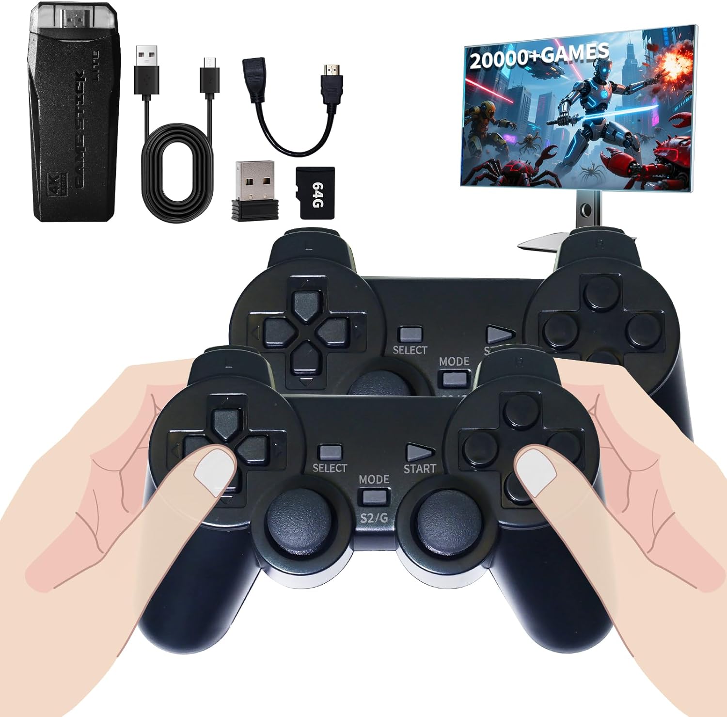 Retro Gaming Console – Wireless Plug & Play Video Game Stick with 20,000+ Classic Games, 9 Emulators, 4K HDMI Output, 2.4GHz Controllers, Nostalgic TV Arcade System for Adults & Family(64G)
