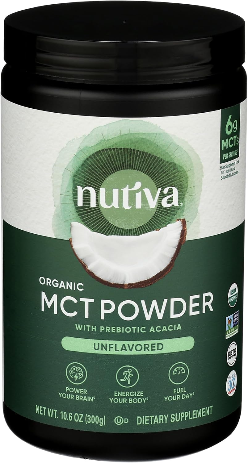 Nutiva Organic MCT Powder with Prebiotic Acacia Fiber, Classic, 10.6 Oz, USDA Organic, Non-GMO, Non-BPA, Vegan, Gluten-Free, Keto & Paleo, Instant Beverage or Boost to Coffee & Smoothies