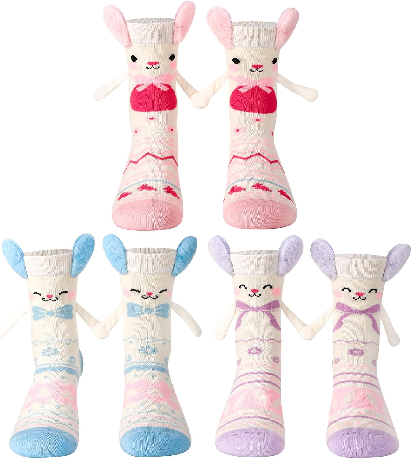 Funny Holding Hands Socks, Novelty Rabbit Magnetic Sock for Girls | 3D plush rabbit ears & arms, cotton, sweet pastel color matching for daily outfits, school, sleep and casual wear