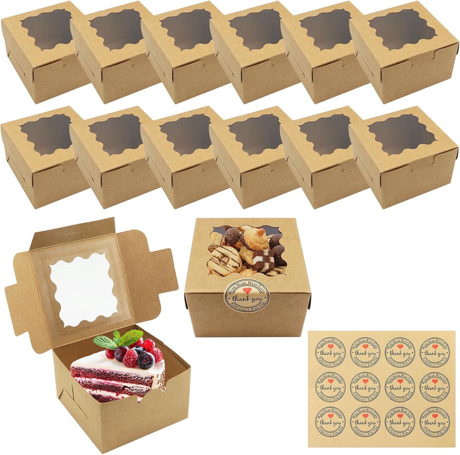 12PCS Small Cake Boxes, Brown Paper Cupcake Boxes Cookie Boxes with Windows and 12 Stickers Mini Cake Boxes Individual Bakery Dessert Brownie Boxes for Gift Small Cakes Sweet Candy (10 * 10 * 6.5cm)