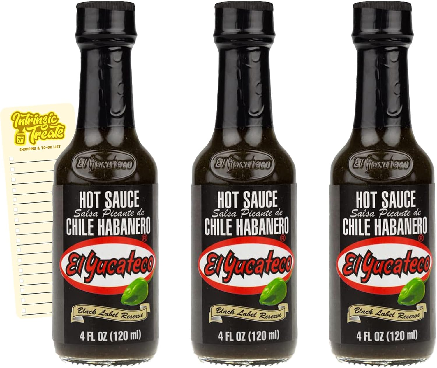 Mexican Chilli Pepper Hot Sauce Bundle with El Yucateco Habanero Black Label Reserve 120ml x3 and Intrinsic Treats Shopping List Card
