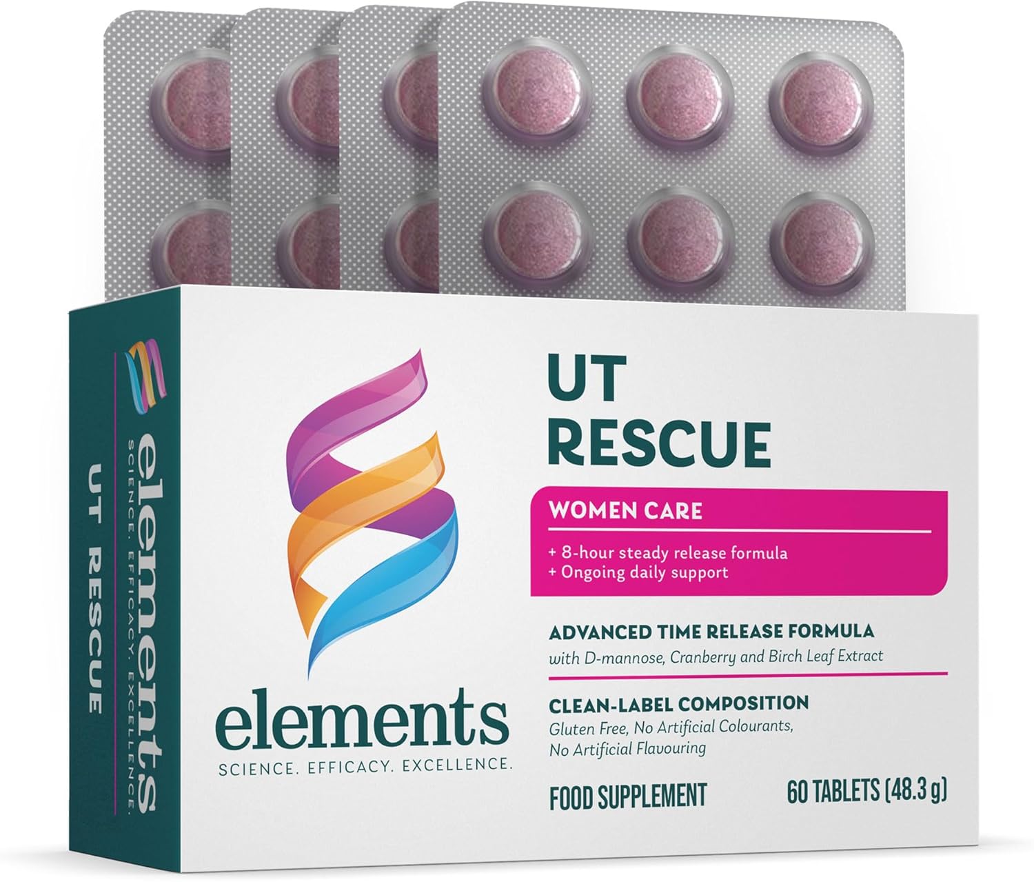 Elements UT Rescue - Supplement for Urinary Tract Support with D-mannose Cranberry Extract and Birch Leaf Extract, to Complement The Body's Natural UT Cleaning Process, Non-GMO Gluten Free 60 Tablets