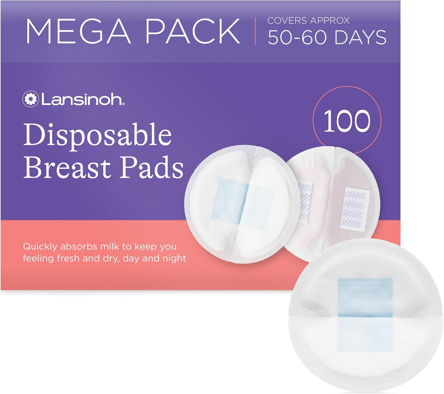 Lansinoh Disposable Breast Pads - Leakproof & Ultra Thin Absorbent Maternity Pads - Discreet Fit Nursing Pads Breastfeeding Essentials - 100 Pack