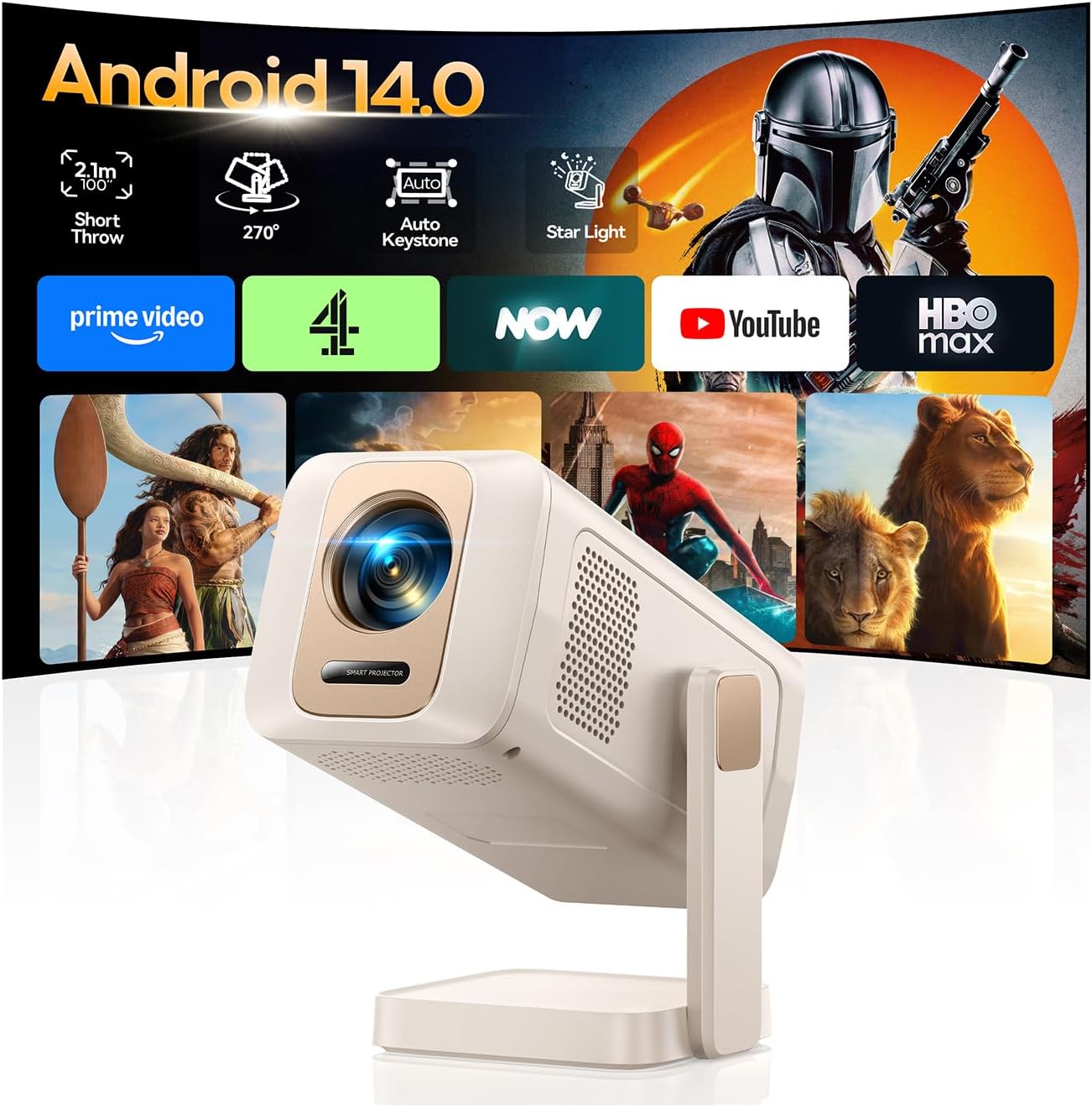【Built in Apps/Ultra Short Throw】Smart Mini Projector 1080P 4K Supported,WiMiUS S37 Portable with 270° Rotation Stand,Auto Keystone,WiFi 6 Bluetooth 5.4, Home Cinema Projectors for Bedroom,Travel,Gift