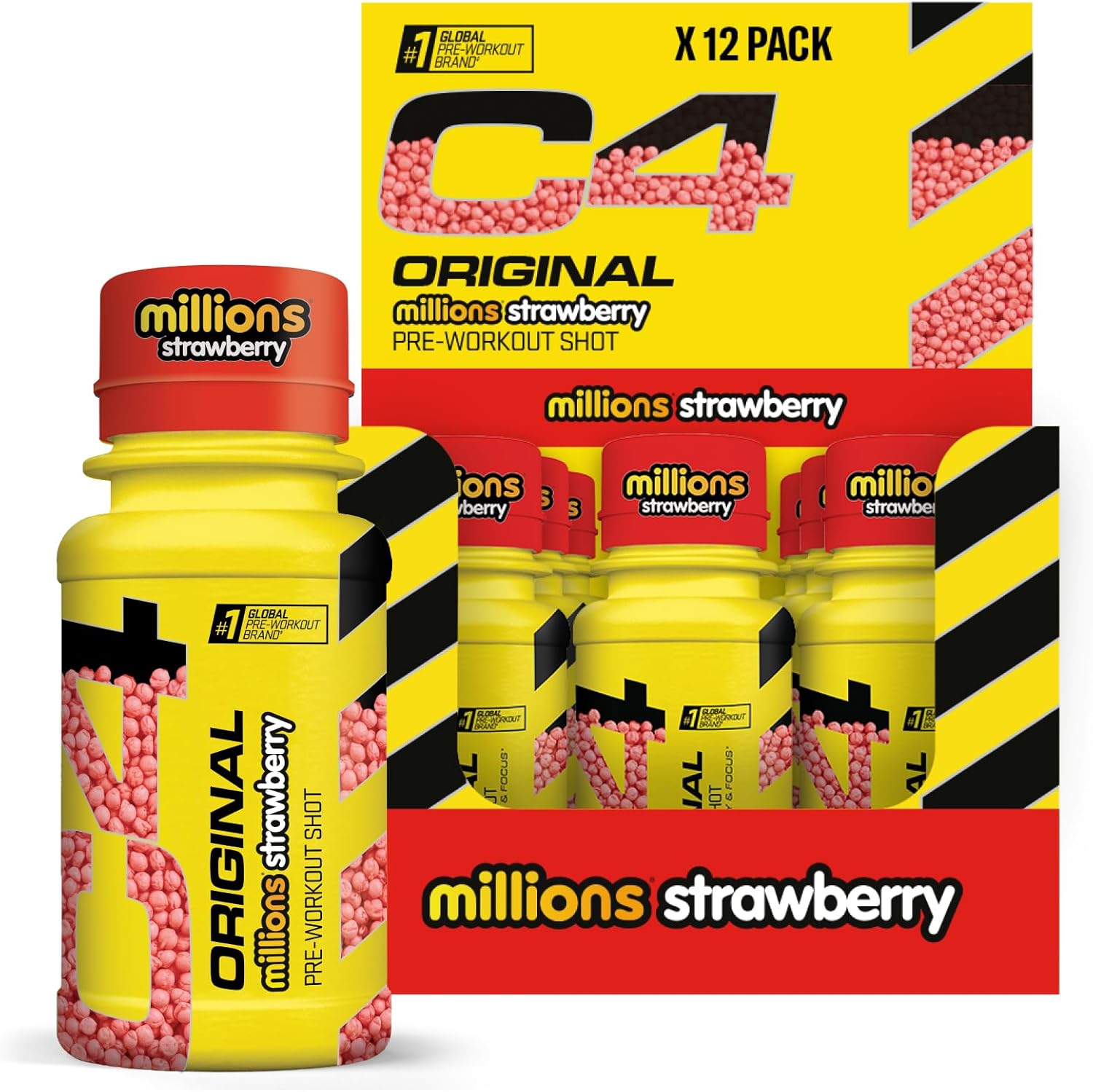 C4 Original Pre Workout Shot | Millions Strawberry Flavour Energy Shots, 12 x 60ml Bottles | Sugar Free Energy Drink with 150g Caffeine, Beta Alanine, L Arginine, Vitamin B6, Vitamin B12, Amino Acids