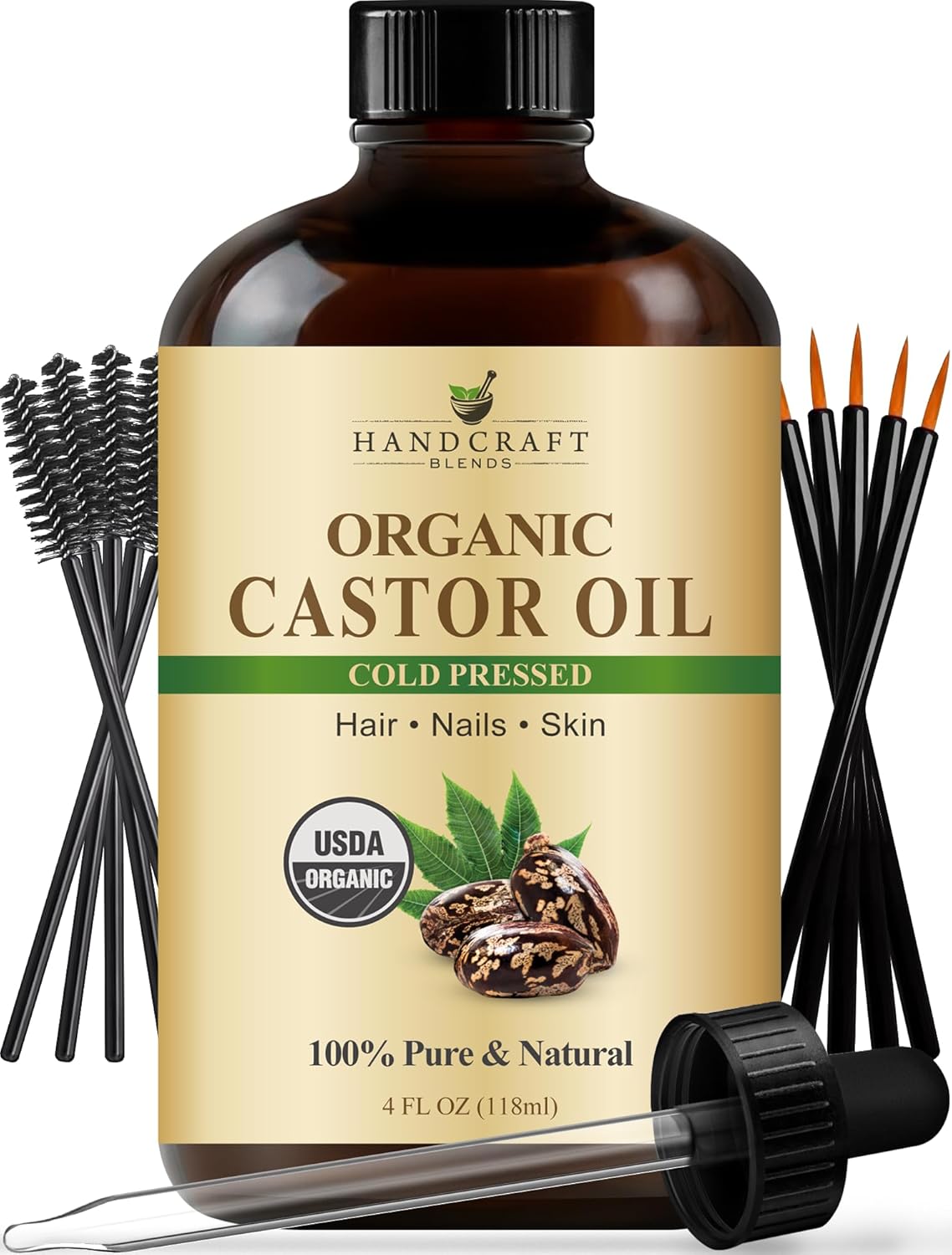 Handcraft Blends Cold-Pressed Organic Castor Oil in Glass Bottle with Lash Brushes - 118 ml - 100% Pure and Natural - Premium Grade Carrier Oil for Hair Growth, Eyelashes and Eyebrows - Hair and Body
