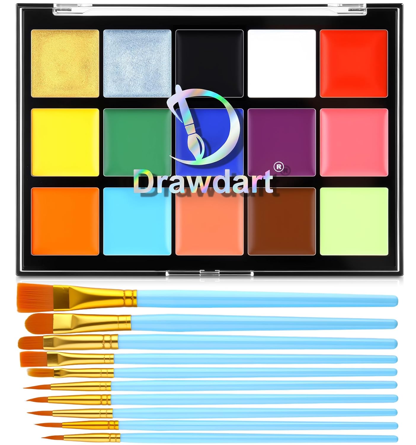 Drawdart Face Body Paint Kit, 15 Colors Face Painting Palette with 10 Pcs Artist Brushes| Facepaint Makeup Kit Ideal for Halloween SFX Cosplay Party Costume Makeup