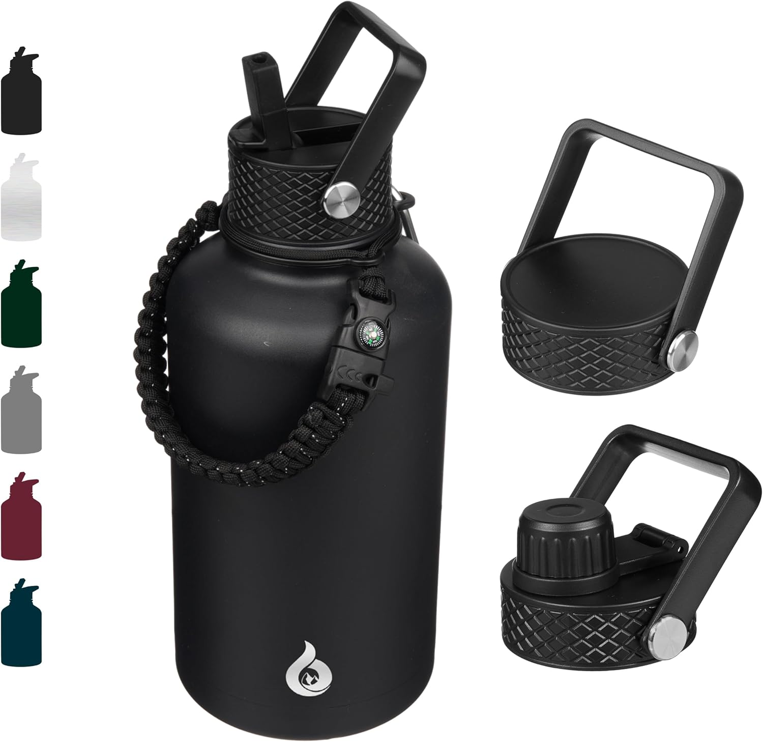 BJPKPK Half Gallon Insulated Water Bottles with Straw Lid, 64oz Large Water Jug, Stainless Steel Bottles with 3 Lids and Paracord Handle, Thermos for Hot & Cold Liquid, Black