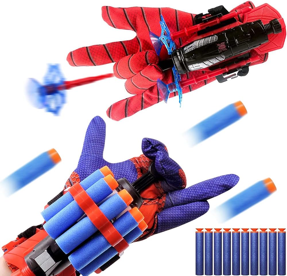 Aonuily Spider Web Shooter, 2 Set Spider Launcher Gloves Toy Cosplay Launcher Glove Hero Movie Launcher (20 Foam Bullets + 3 Sucker Bullets)