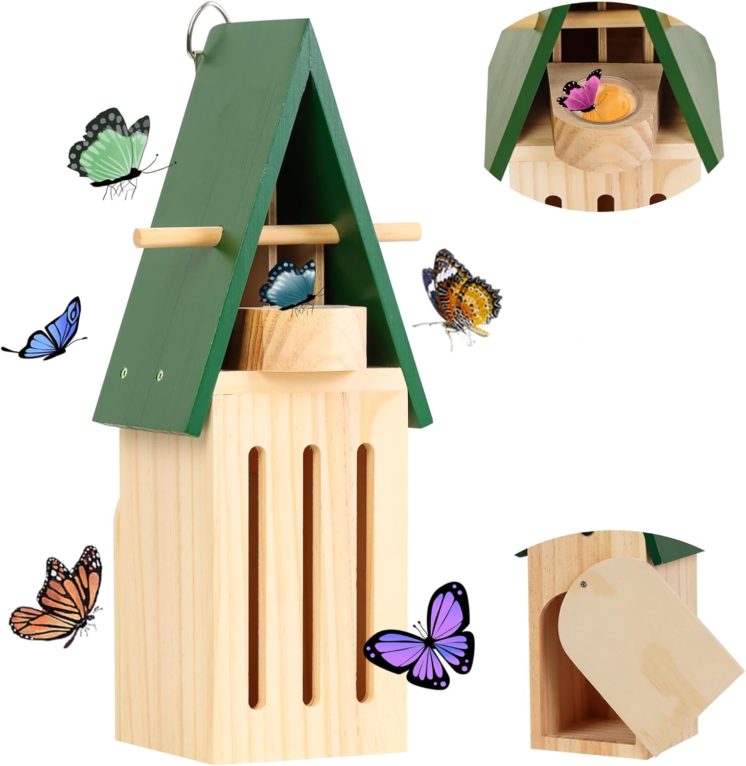 Wooden Butterfly House for Garden, Butterfly House and Feeder for Outside, Natural Butterfly Habitat Hanging Butterfly Shelter Hotel for Butterflies Bugs Moths & Lacewings