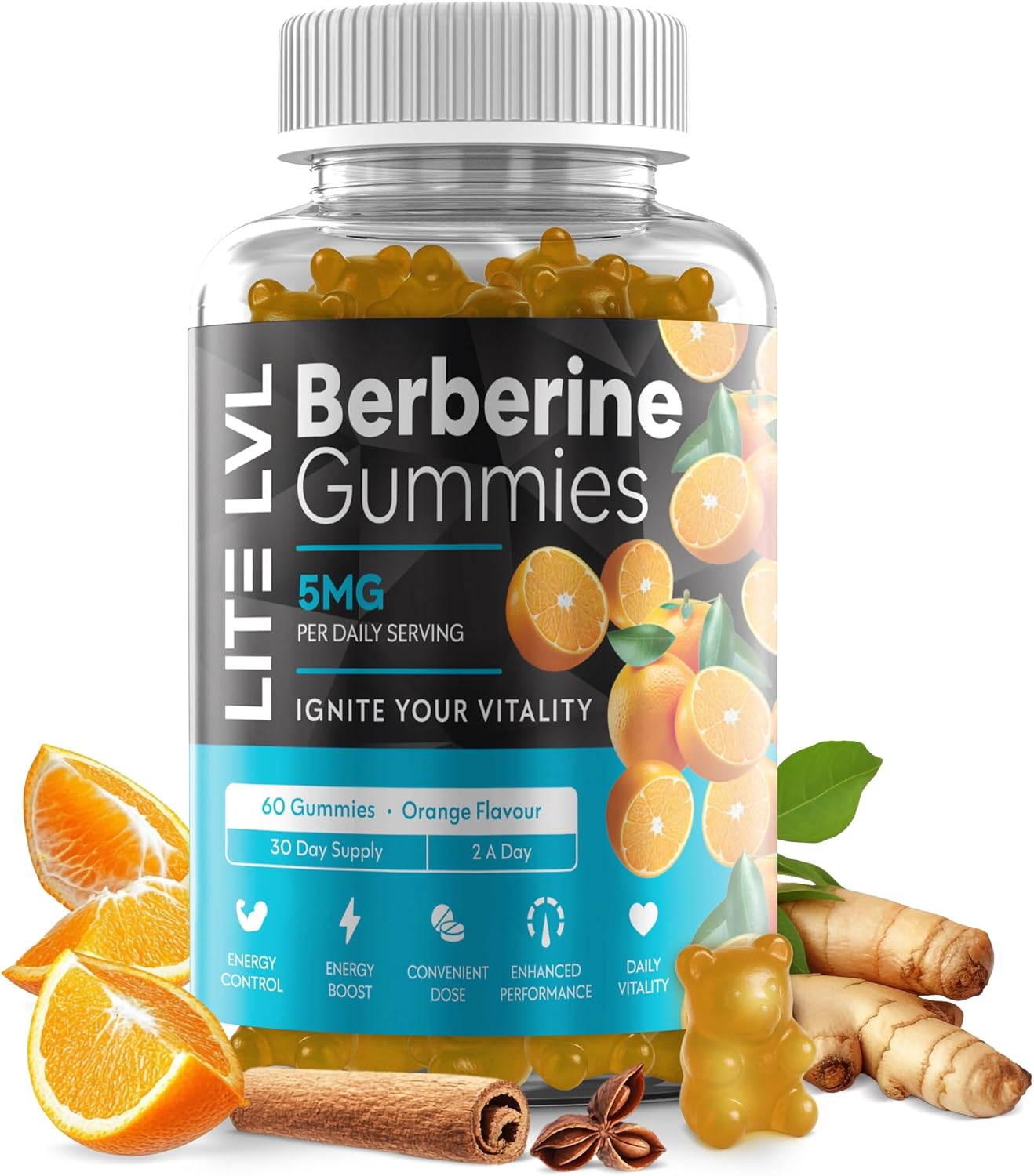 LITE LVL 60 x Berberine Gummies 2000mg with Ceylon Cinnamon & Turmeric – Berberine Supplement for Men and Women.