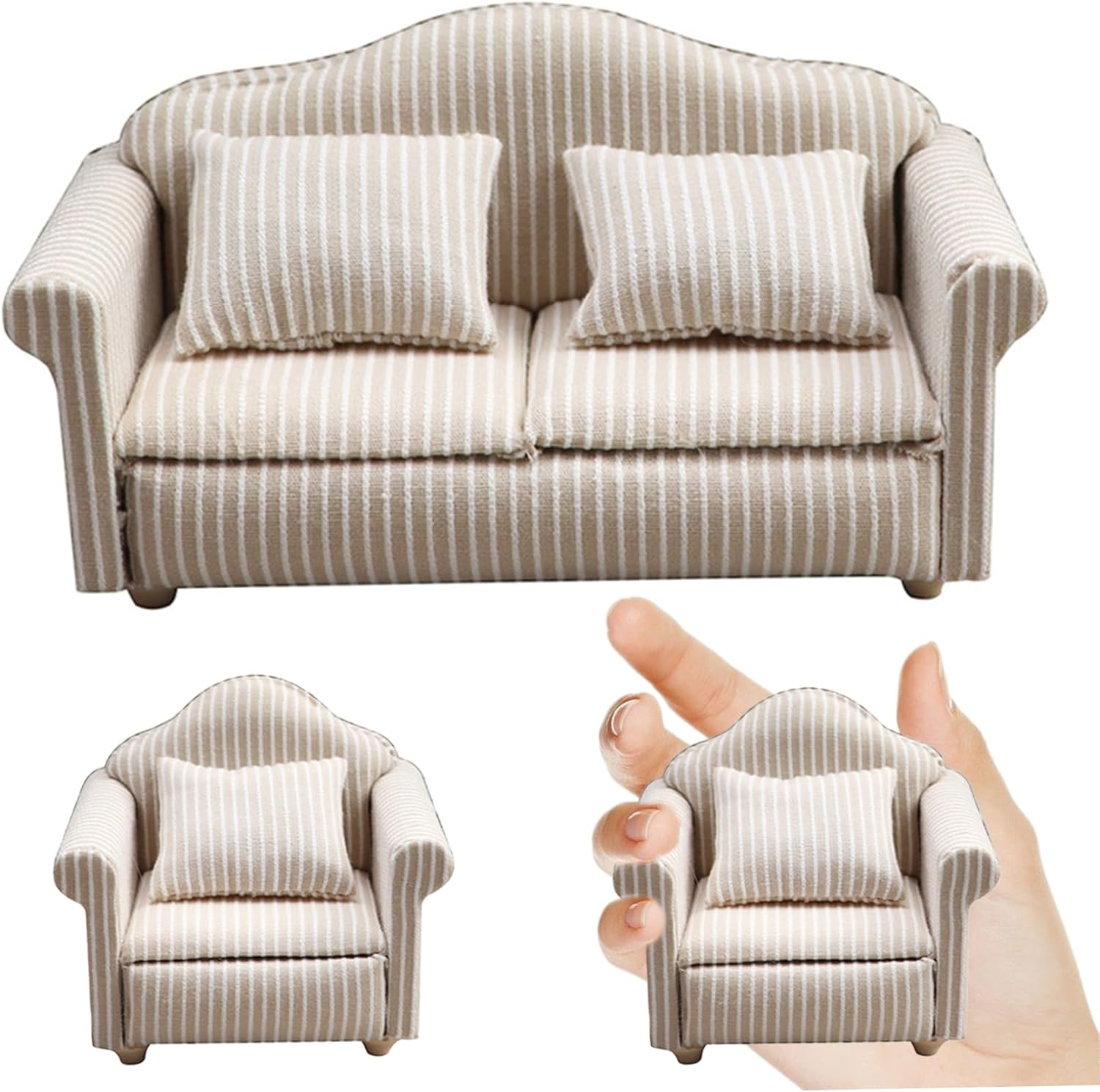 Wooden Dollhouse Furniture Set, 3PCS/Set 1: 12 Scale Double＆Single Dollhouse Couch with Pillow, Miniature Furniture for Living Room, Scene Decor, Toys