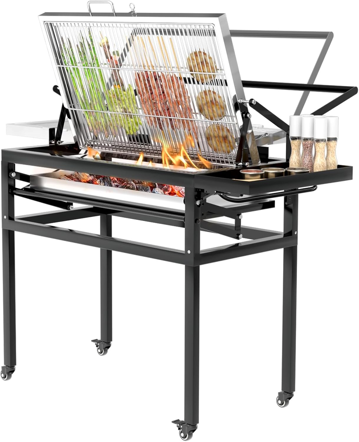 BBQ Charcoal Grill with Cart, Heavy Duty Square Outdoor Detachable Portable Grill, 360° Rotating Cooking Grid Stand-up Grills with Wheels for Camping Garden Commercial Barbeque
