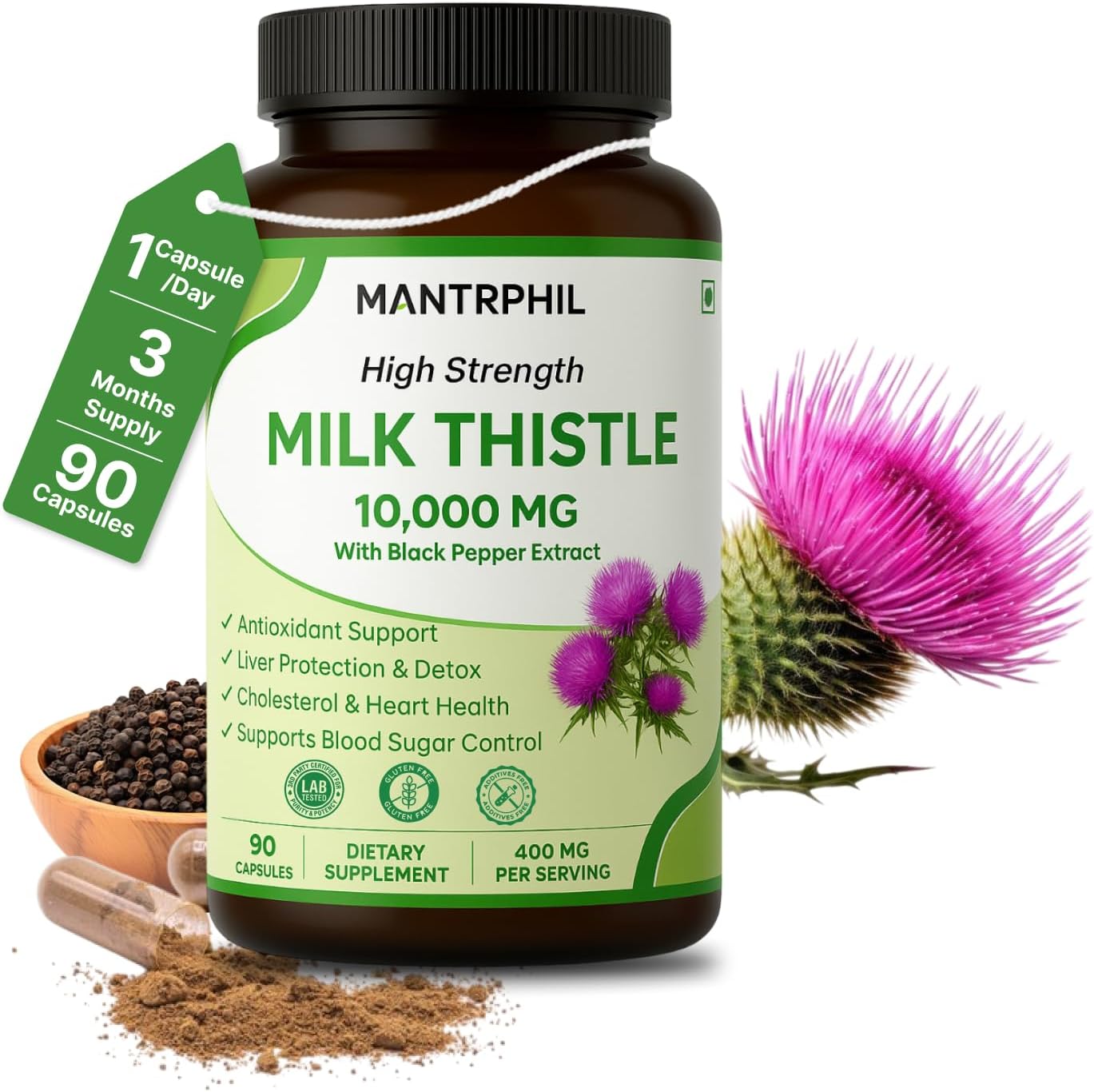 Milk Thistle Capsules High Strength 10,000mg | 90-Day Supply | 400mg Silymarin with Black Pepper | Natural Herbal Supplement for Liver Cleanse & Detox | Vegan, Non-GMO & Lab Tested
