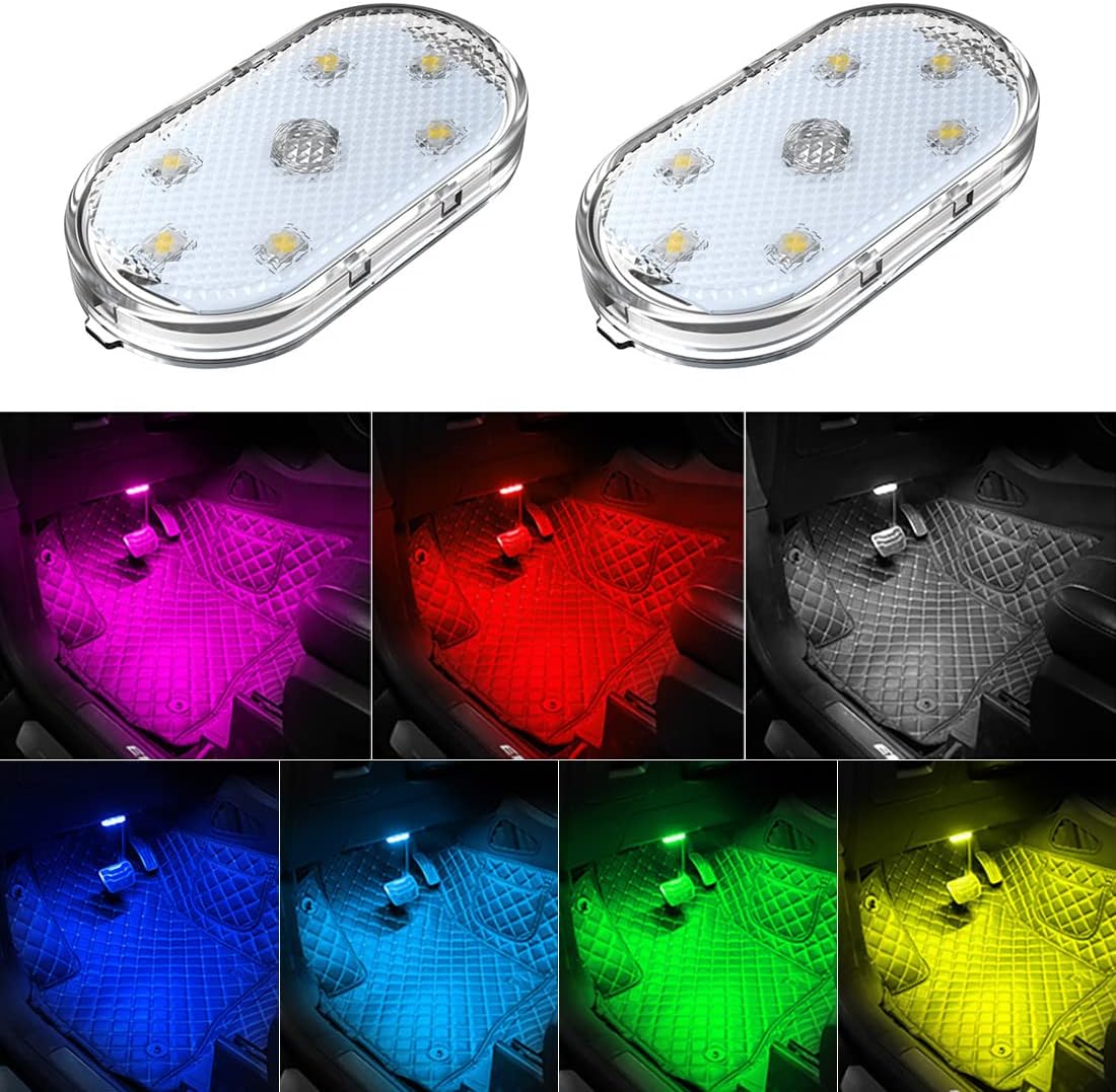 2 Pack Car LED Lights - 7 Color Ambient USB Rechargeable Interior Reading Lights