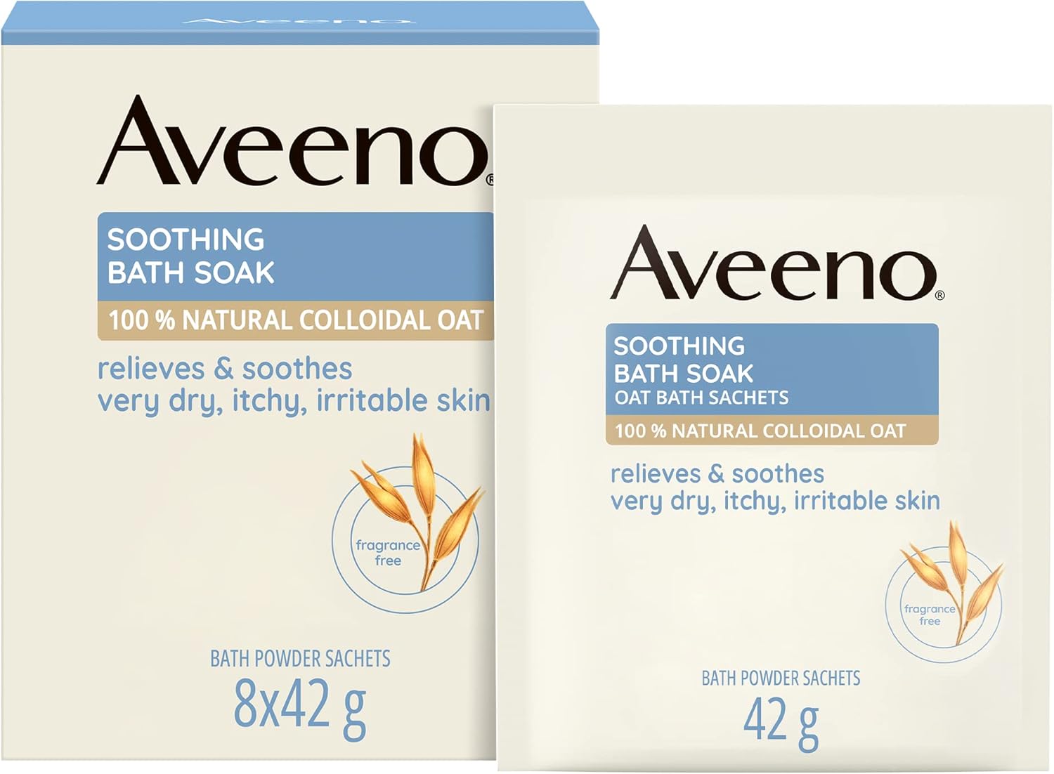 Aveeno Soothing Bath Soak, with 100% Natural Colloidal Oat, Suitable for Sensitive Skin, Relieves & Soothes Very Dry, Itchy & Irritable Skin, 8x42g Powder Sachets