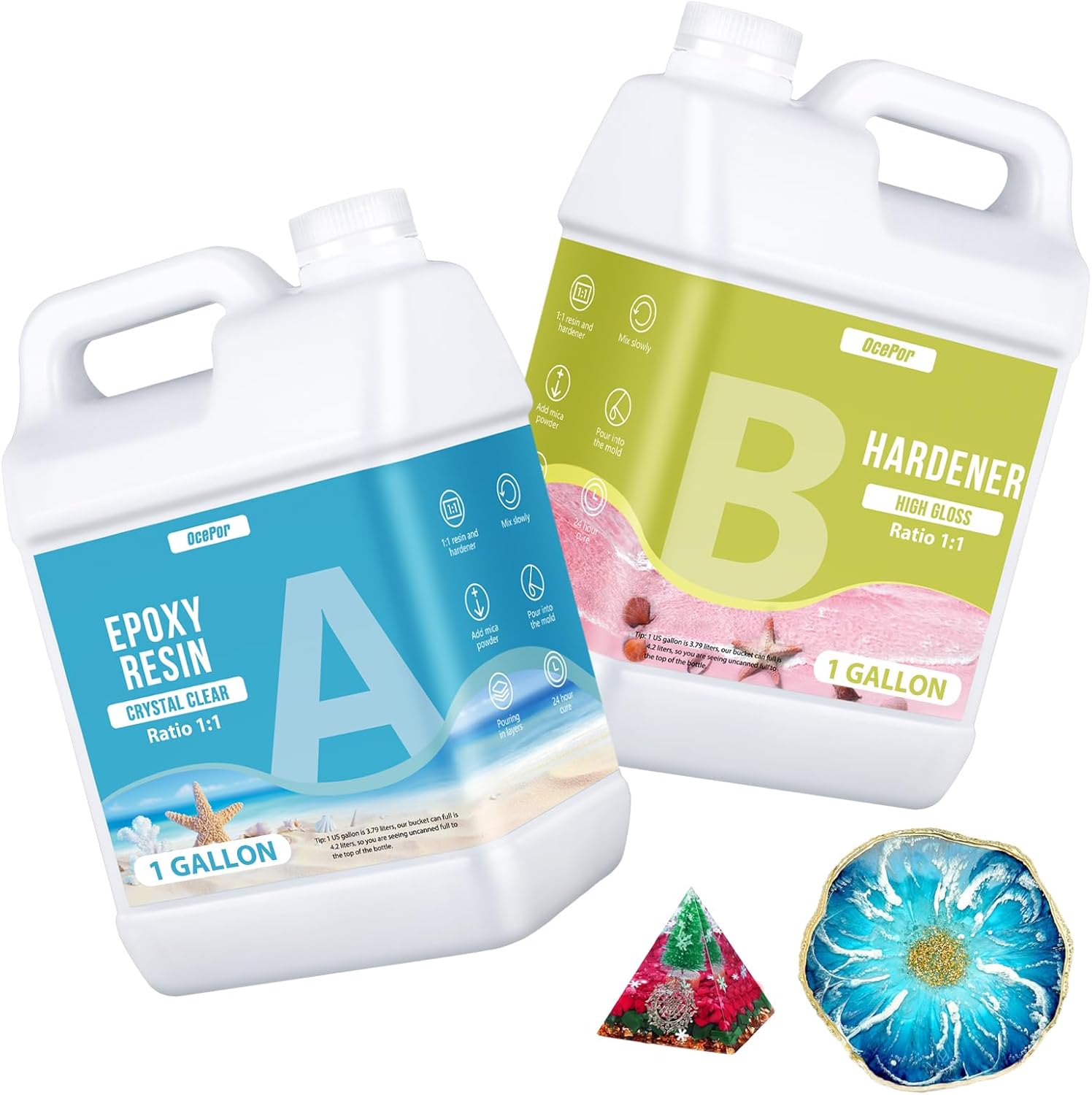 OcePor Epoxy Resin-2 Gallon, Crystal Clear Epoxy Resin Kit, No Yellowing No Bubble Art Casting for Art Crafts, Jewelry Making, Wood & Molds(1 Gallon x 2)