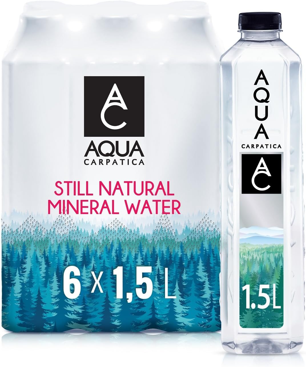 AQUA Carpatica 1.5L x 6 Pure Natural Still Mineral Water - 6-Pack Bottled Water, Virtually Nitrate Free, Low Sodium, Naturally Alkaline, Natural Electrolytes, Premium Multipack 100% Recyclable