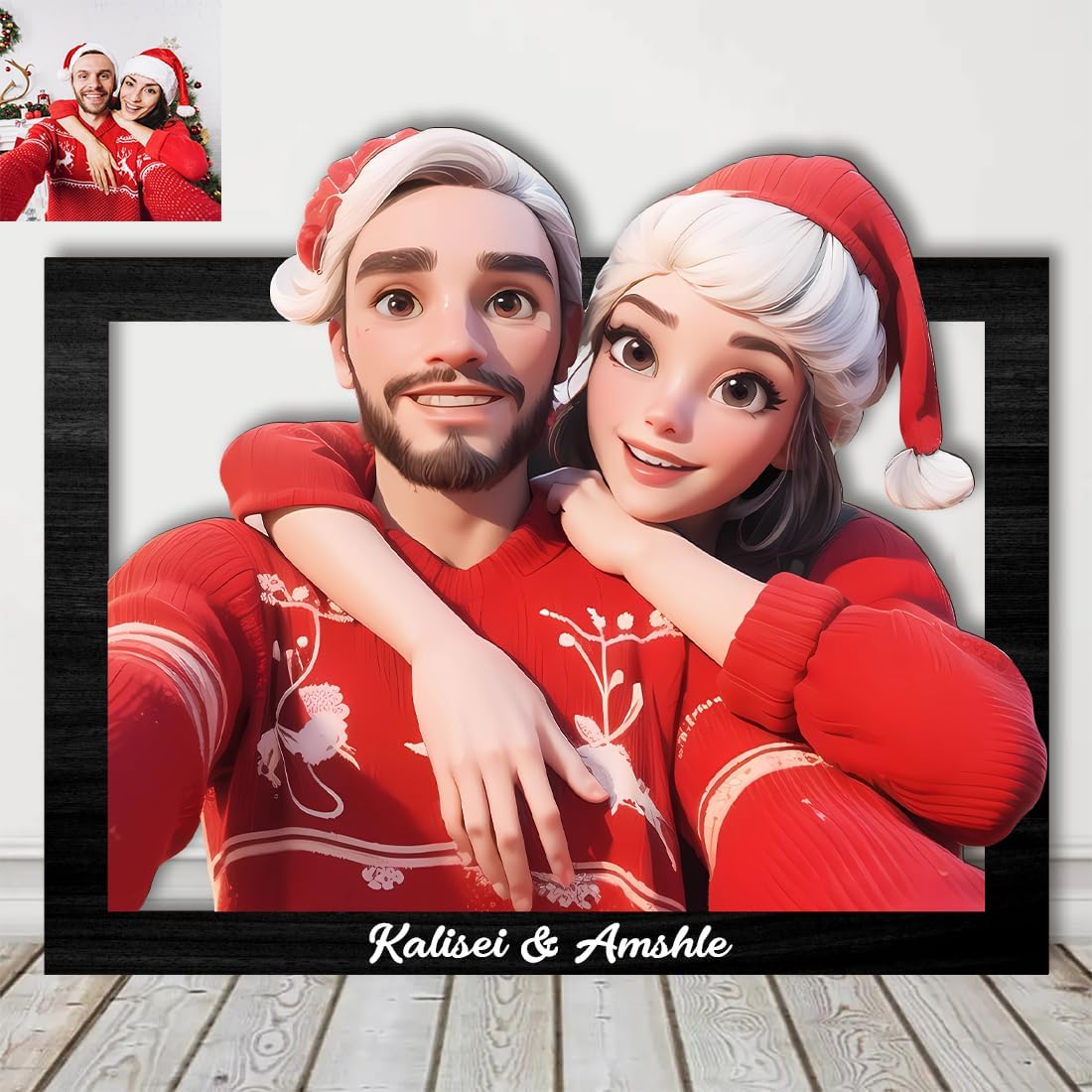 Personalized Cartoon Style 3D Photo Wooden Sign, Custom Caricature Picture Frame Sign Gifts for Wedding Family Anniversary Christmas Birthday Couple, Wall Art Decor (Rectangular)