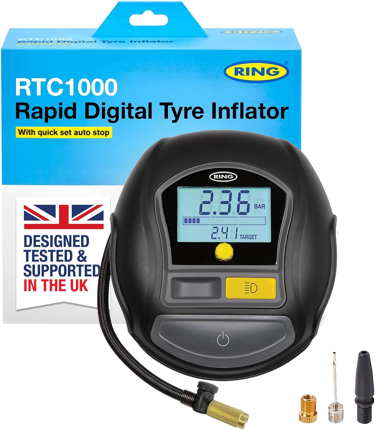 RING TYREINFLATE 1000 Rapid Air Compressor, Digital with 3 Adaptors