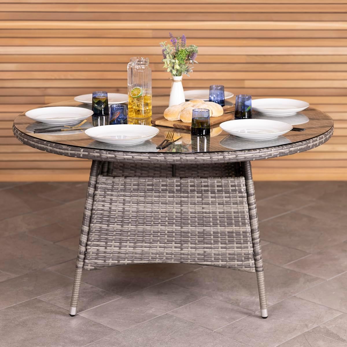 Charles Bentley Outdoor, Garden, Patio, Durable Weaved Rattan, 6 Seater Dining Table, Grey, Parasol Hole Included, Weatherproof, Contemporary Style, Glass Tabletop, Easy Clean, 26.8kg (130x130x74cm)