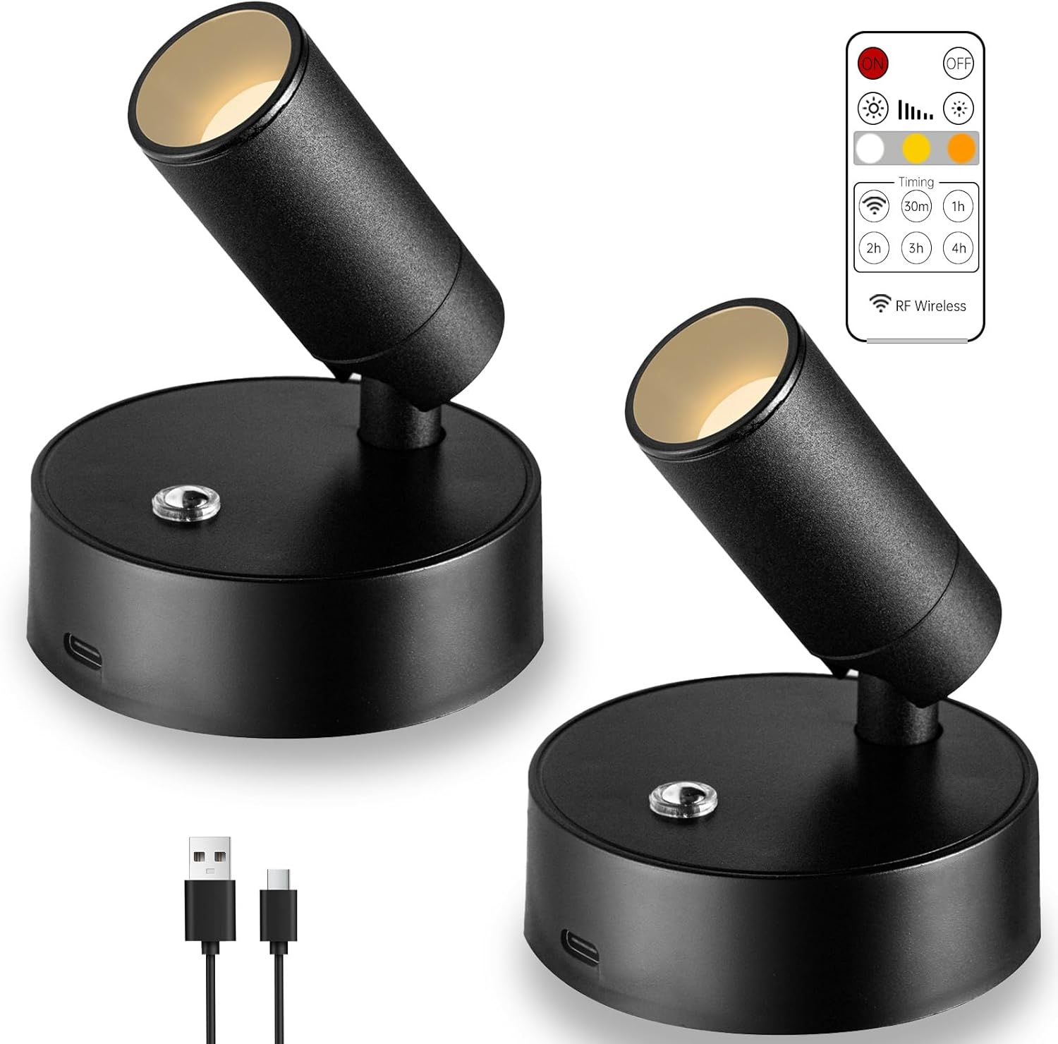 2pack Upgraded Wireless spot Lights Indoor 3000K/4000K/5000K with Remote and Timer, Adjustable uplighting Indoor, 3W Spotlight Indoor for Plant Wall Art (2)