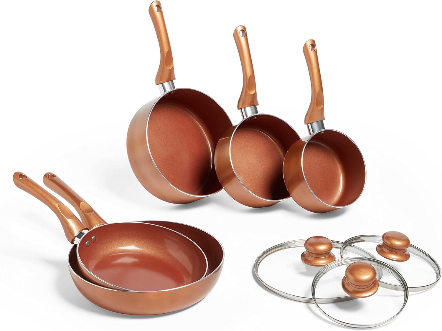 VonShef Pots & Pans Set, 5 Piece Induction Safe, Non-Stick Saucepan & Frying Pan Set, Easy Clean Copper Pots & Pans Set with Glass Lids, PFAS, PTFE, PFOA, Lead, and Cadmium Free