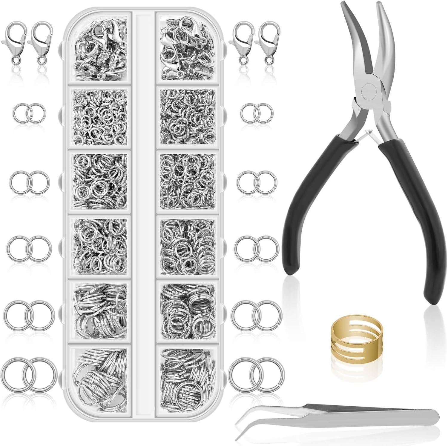 Anezus 1200PCS Jump Rings for Jewelry Making Kit, Jump Rings and Necklace Clasps with Jump Ring Pliers Tools for Jewelry Making Supplies and Necklace Repair (Silver)