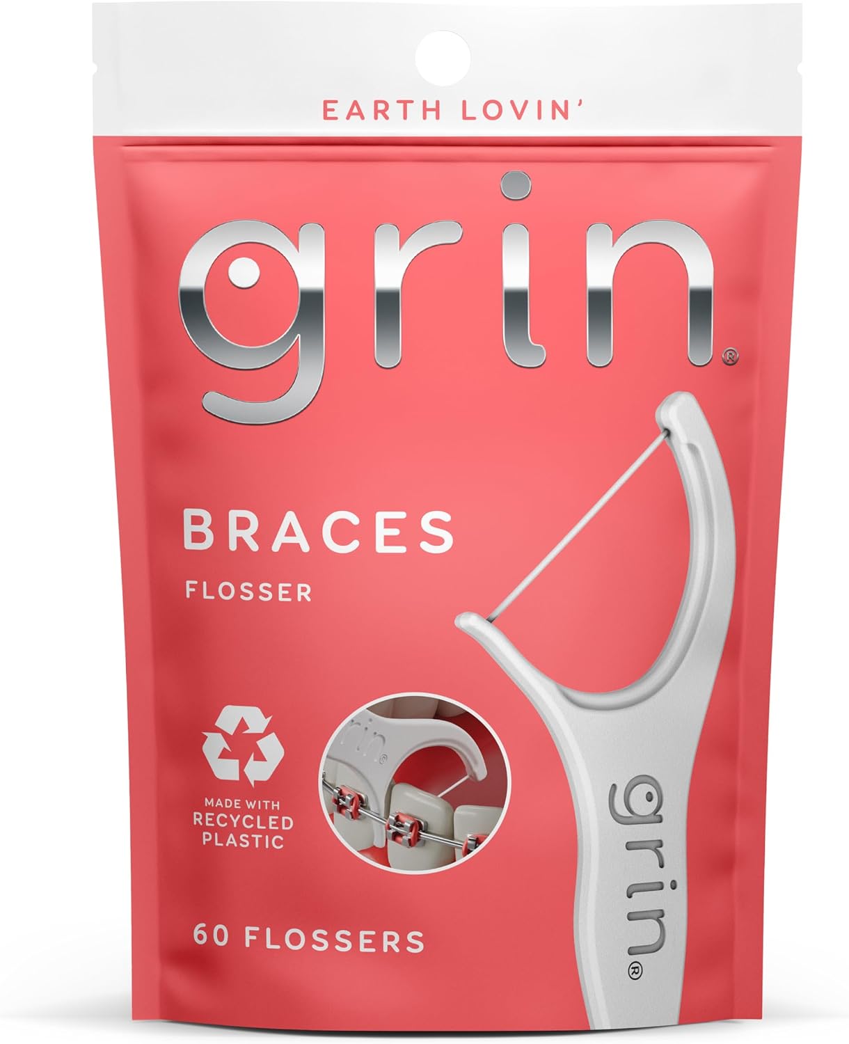 GRIN Braces Flosser, Floss Picks Designed for Braces, 60 Count, Dental Flossers, Recycled Plastic, Ortho Approved, Premium Thin Floss, Includes Handy Wax Scraper and Pick