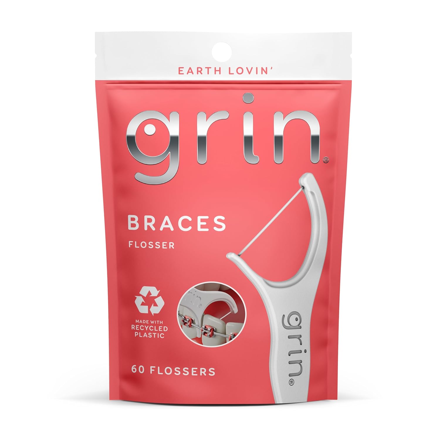 GRIN Braces Flosser, Floss Picks Designed for Braces, 60 Count, Dental Flossers, Recycled Plastic, Ortho Approved, Premium Thin Floss, Includes Handy Wax Scraper and Pick