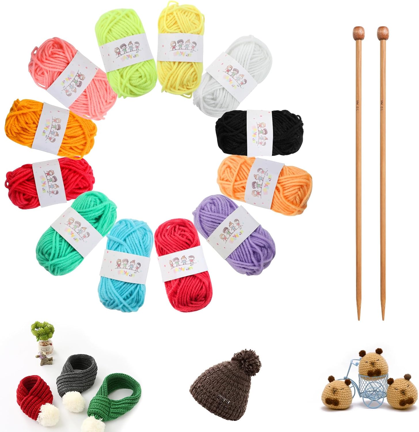 Lekeeu Knitting Kit for Beginners Adults Children - 12 Colours Yarn & 2 Bamboo Knitting Needles