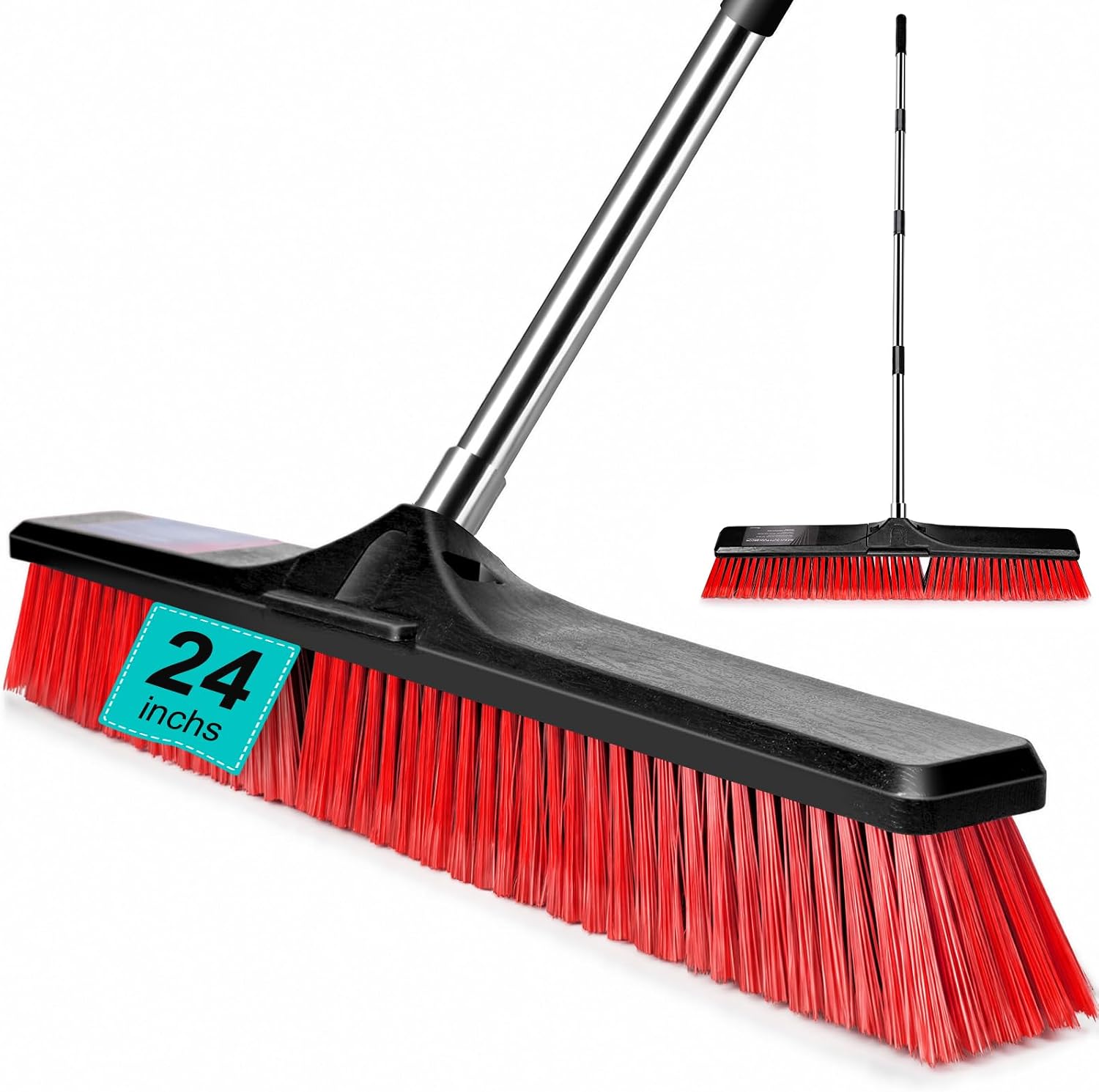24" Push Broom Outdoor, Heavy Duty Garden Brush Broom with 58" Long Handle