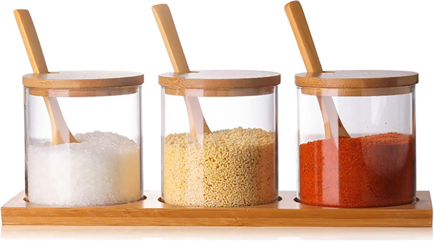 FANTESTICRYAN Glass Tea,Coffee, Sugar Set, Condiment Pots Seasoning Box Containers Sugar Bowls Spice Jar Set with Wooden Spoon Lid and Base