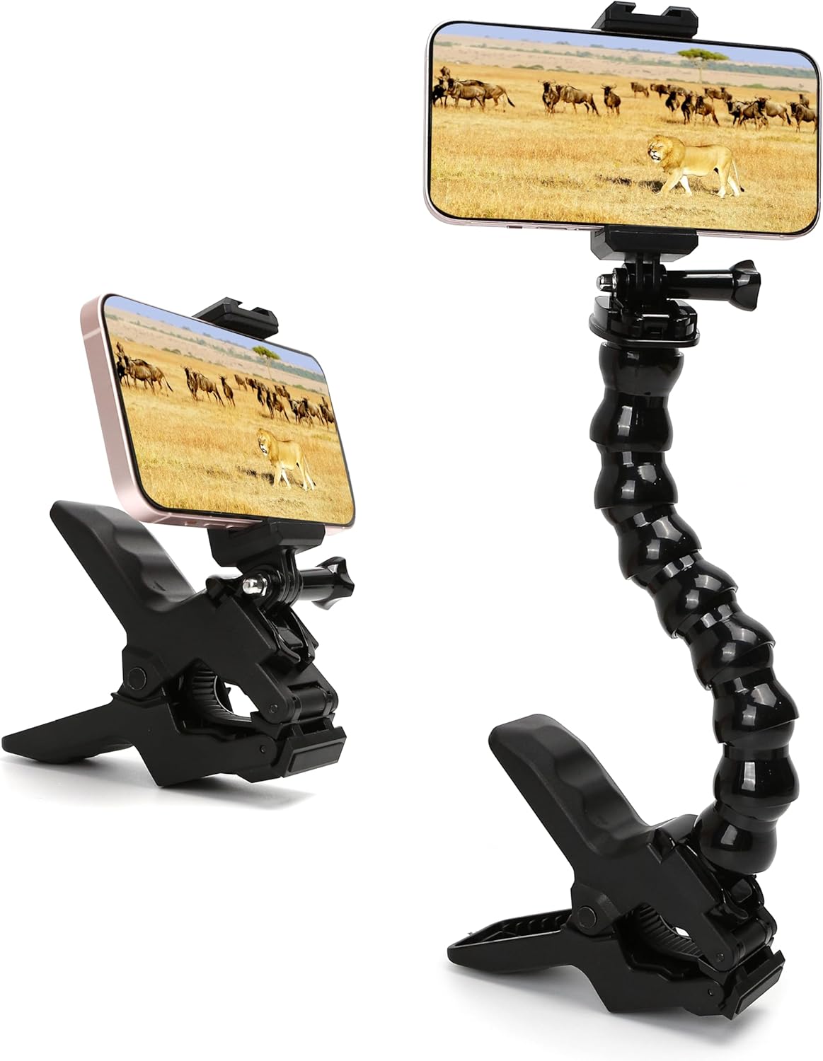 Gooseneck Phone Holder Flex Clamp Clip Mount with Flexible Jaws for Desk, Pole, or Mobile Stand Adjustable Compatible with iPhone 14, 13 Pro, XS Max, XR, X, 8, 7, 6, 6s Plus and Other 4-7'' Device