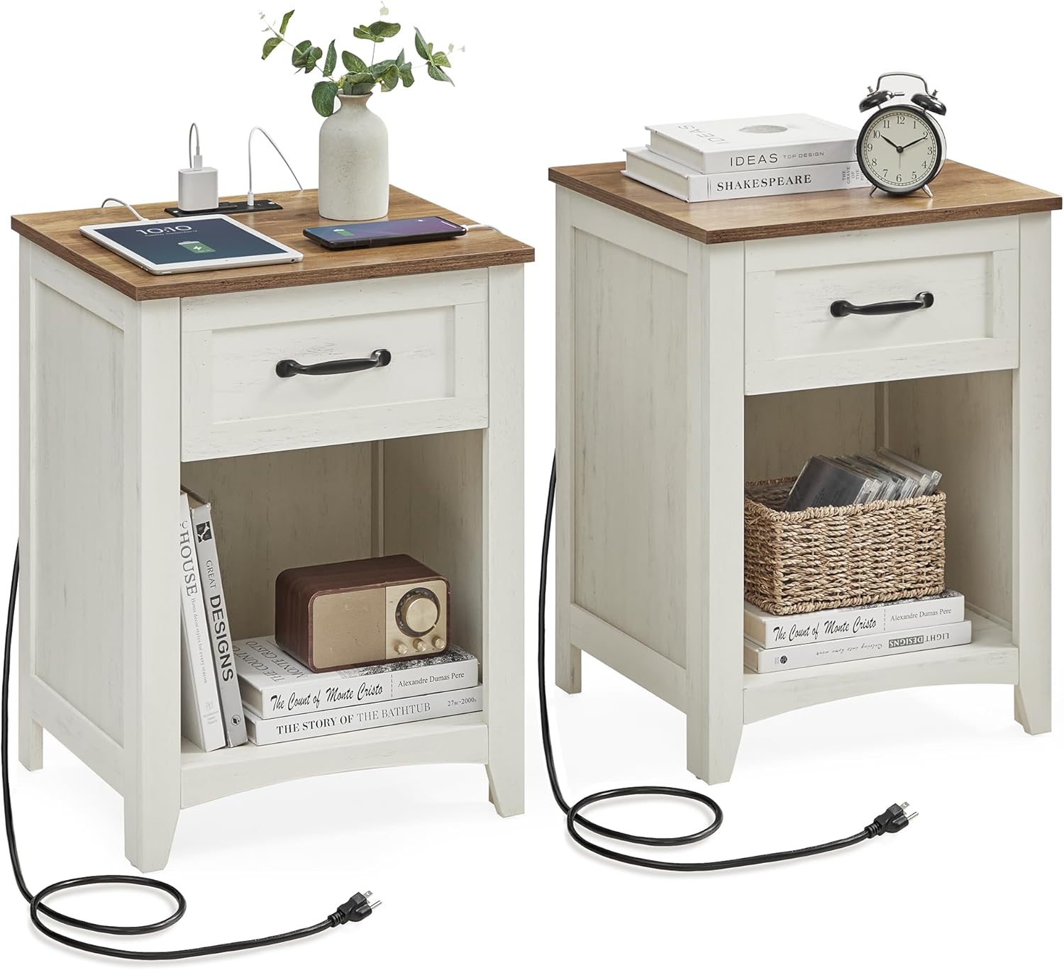 VASAGLE LIRY Collection - Farmhouse Nightstands with Charging Station, Set of 2 Bedside Tables, Side Tables with Drawer, Open Compartment, for Bedroom, Rustic White and Honey Brown ULET859K41