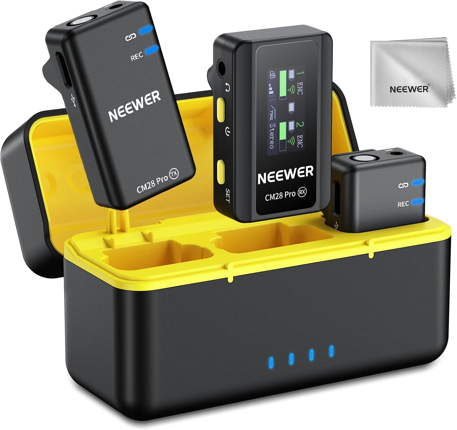 NEEWER CM28 PRO Wireless Lavalier Microphone + Charging Case & Cleaning Cloth, Noise Canceling 9Hrs Recording Mini Lapel Mic Compatible with iPhone iPad USB C Android Phone Camera PC Laptop Computer