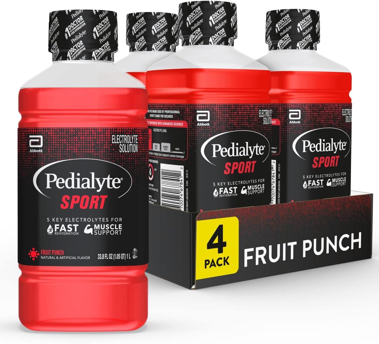 Pedialyte Sport Electrolyte Drink, Fast Hydration with 5 Key Electrolytes for Muscle Support Before, During, & After Exercise, Fruit Punch, 1 Liter, Pack of 4
