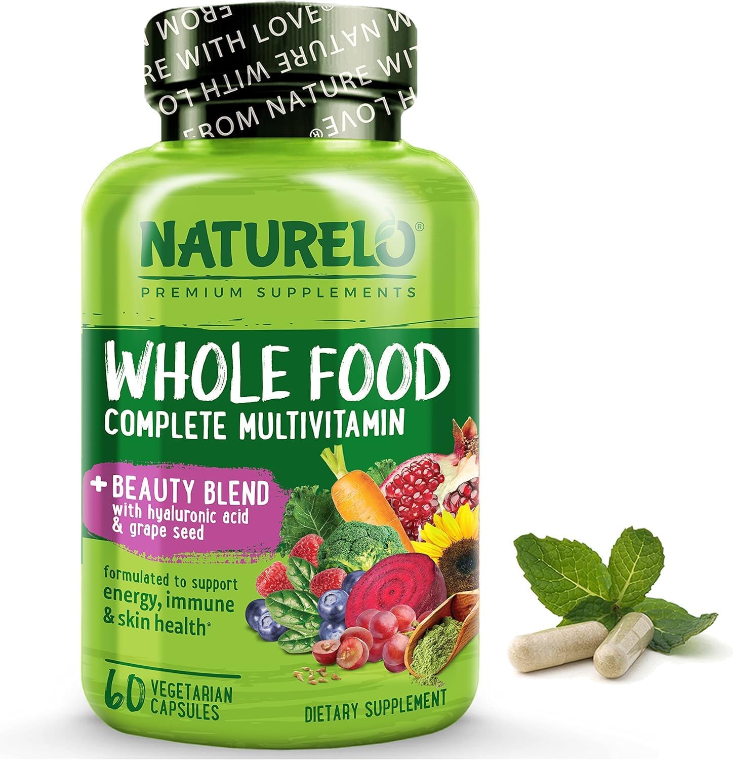 NATURELO Whole Food Multivitamin with Extra Hair, Skin and Nails Support - Beauty Blend with Hyaluronic Acid & Grape Seed - High Potency Biotin, Vitamin C, and Glutathione - 60 Vegan Capsules