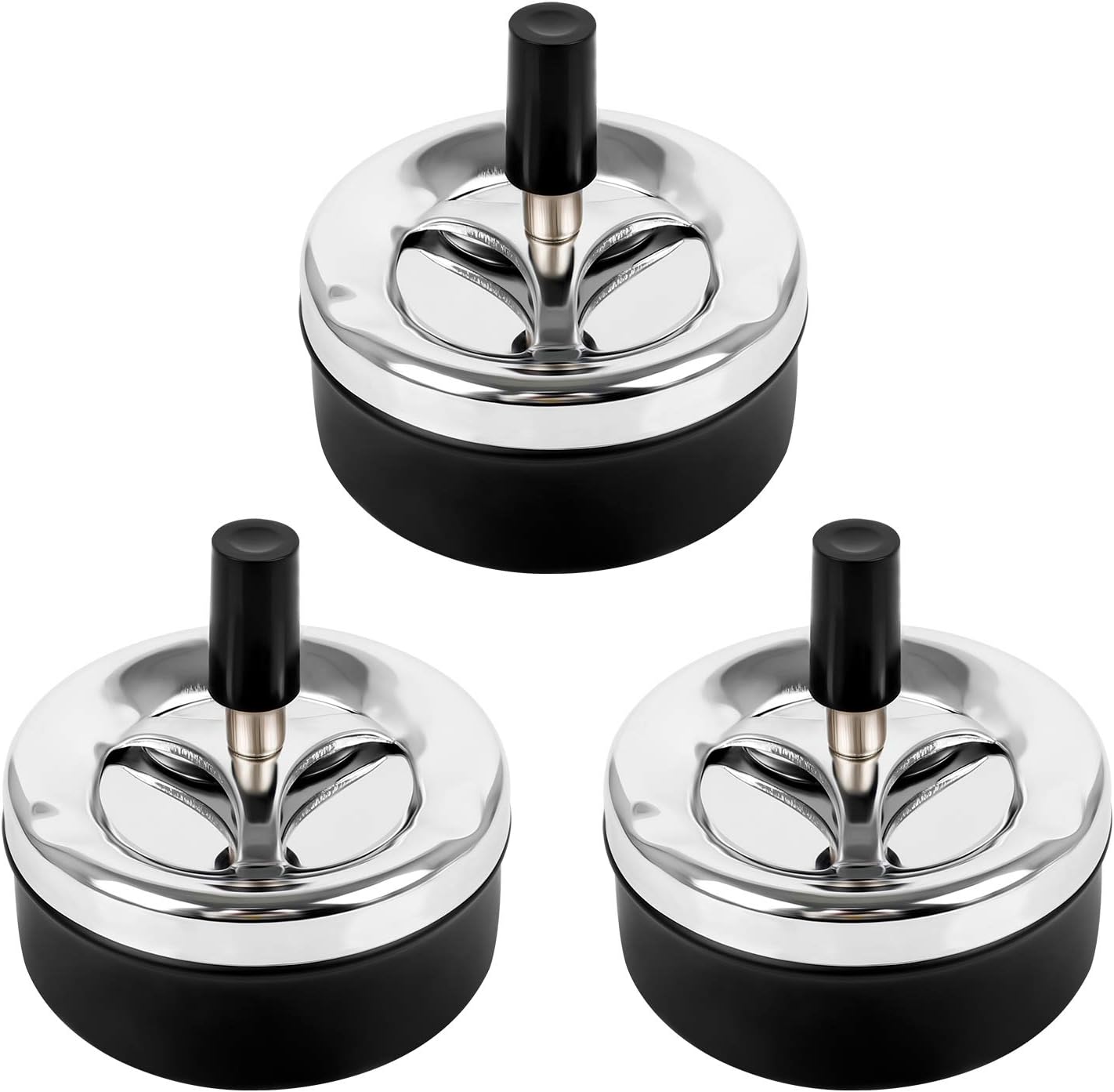 Jubaopen 3PCS Spinning Ashless Ashtray - Extra Large Chrome Windproof Push Down for Outdoor Home Office Bar (9 * 9.3cm, Black)