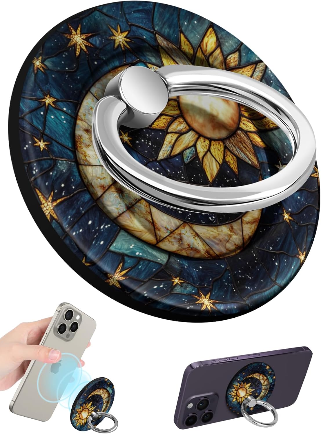 for Magnetic Phone Ring Holder Compatible with MagSafe for Women Girls - Cute Sun Moon Design Magnet Phone Grip Ring Stand Kickstand for iPhone 16 Pro Max/16 Pro/16/15/14/13/12 Series