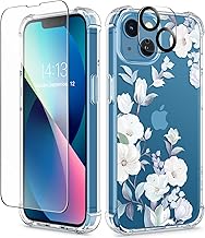 GVIEWIN Designed for iPhone 13 Case 6.1 Inch, with Tempered Glass Screen Protector + Camera Lens Protector Clear Flower Soft & Flexible Shockproof Floral Women Phone Cover (Hibiscus)
