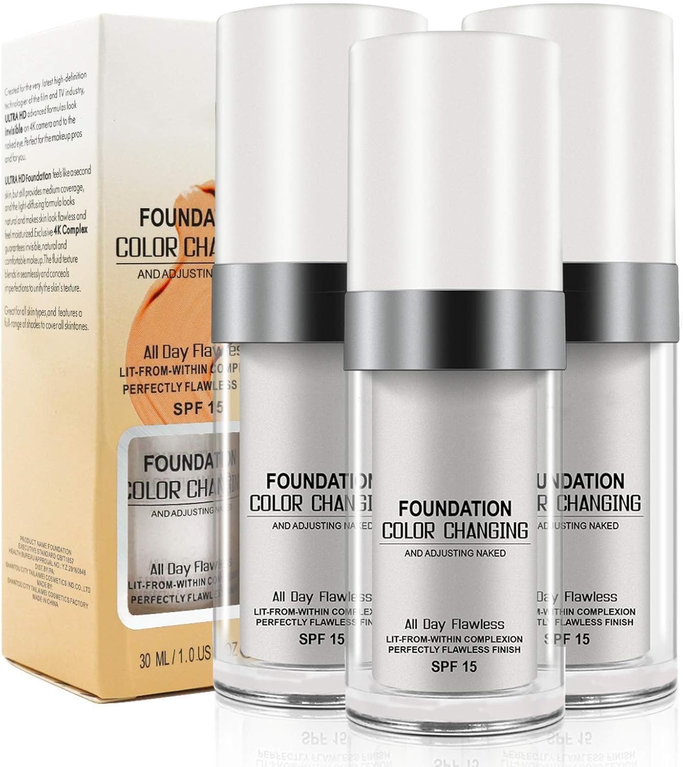 3PCS TLM Flawless Colour Changing Warm Skin Tone Foundation,Naturally Blends Moisturizing foundation makeup,Long Lasting Waterproof Poreless Liquid Foundation SPF 15 for Face Makeup