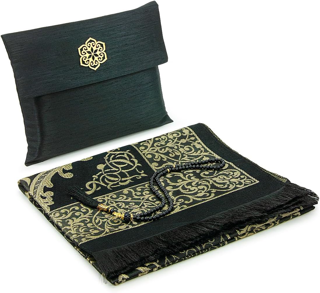 ihvan online Muslim Prayer Rug and Beads with Portable Elegant Fabric Bag, Janamaz, Sajadah, Soft Islamic Prayers Rug, Islamic Gifts for Eid Ramadan, Travel Prayer Carpet Mat, Taffeta Fabric, Black