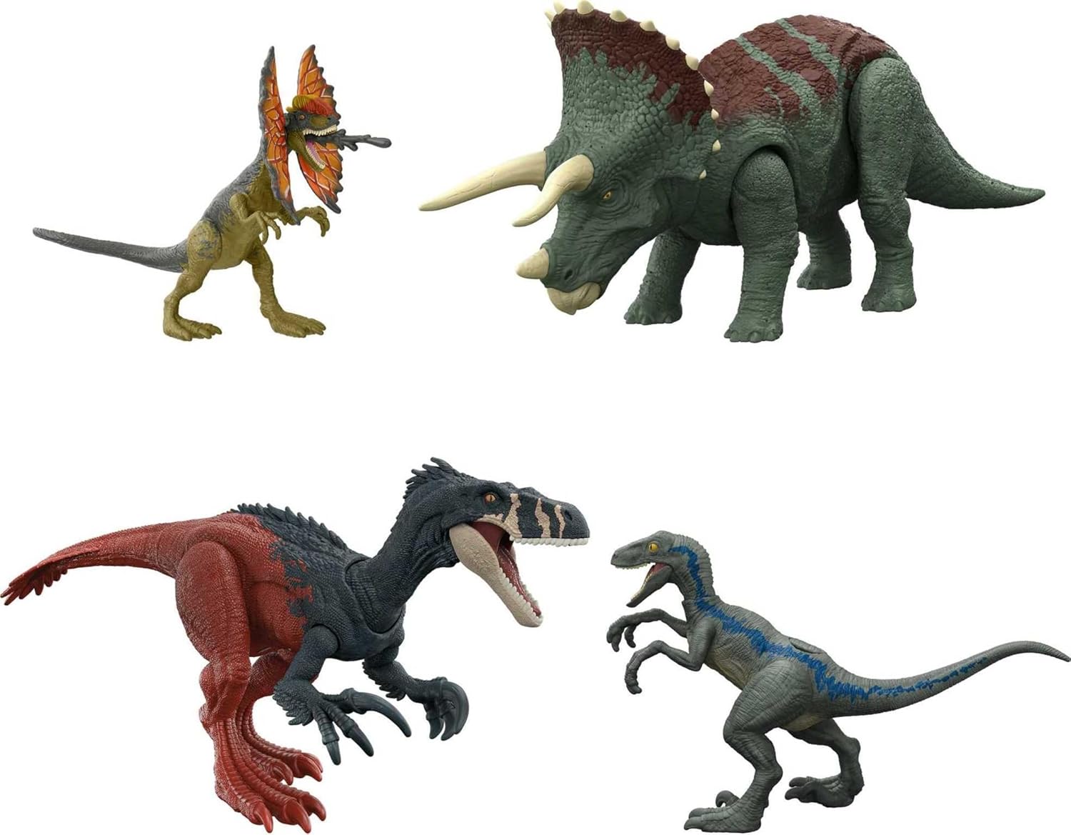 Jurassic World Dominion Survival Instincts Dinosaur Toys, set of 4 Action Figures, Blue, Dilophosaurus and Roar Strikers Megaraptor and Pteranodon Figures ​​ Amazon Exclusive
