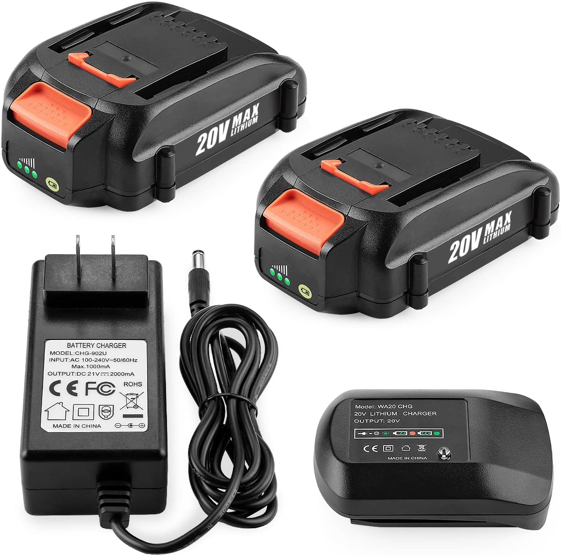 Energup 2Pack 20Volt Reoplace for Wor 20V Battery and Charger Kit, Compatible with Wor 20Volt WA3520 WA3525 WA3575 WG151s WG251s WG540s WG545s WG890 WG891, with Works 20V Lithium Battery Charger