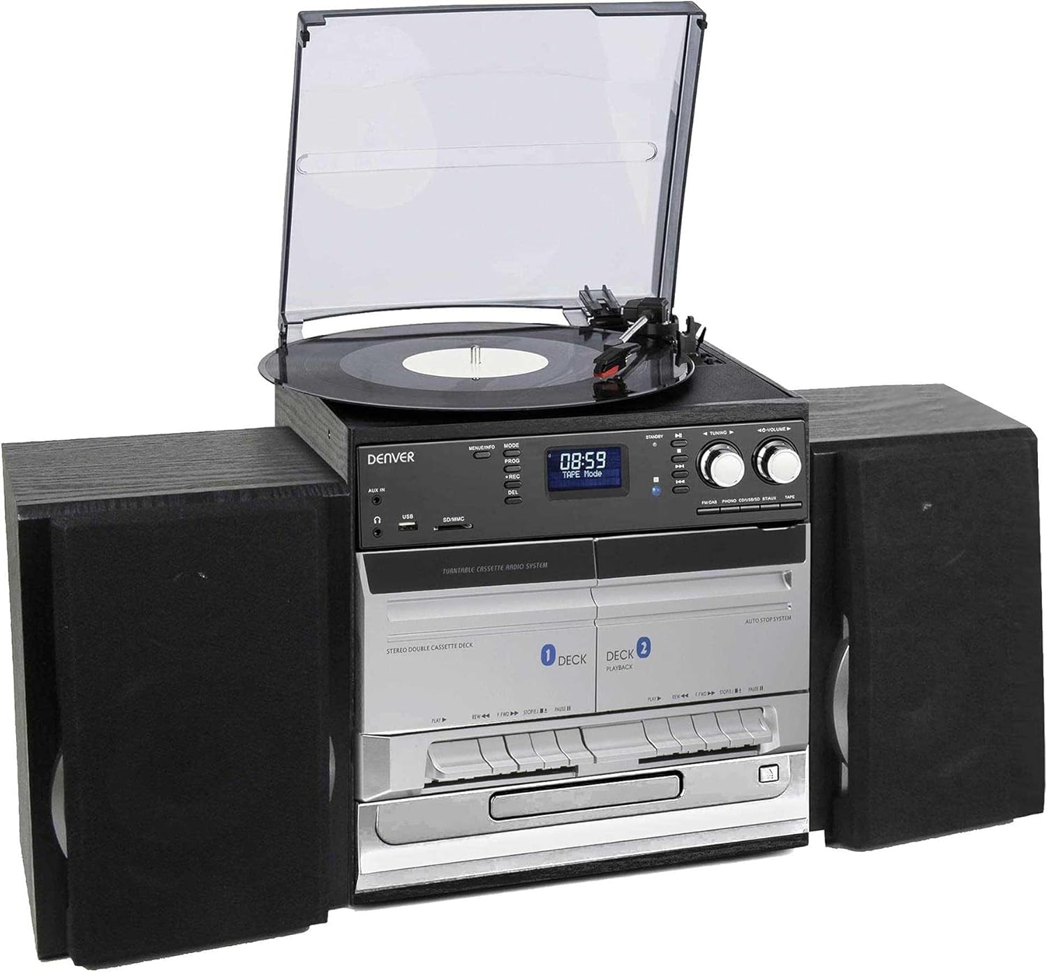 Denver DAB/DAB+ Record Player Turntable, Cassette Player, CD Player HiFi with USB Recording & Memory Card Reader - MRD-166