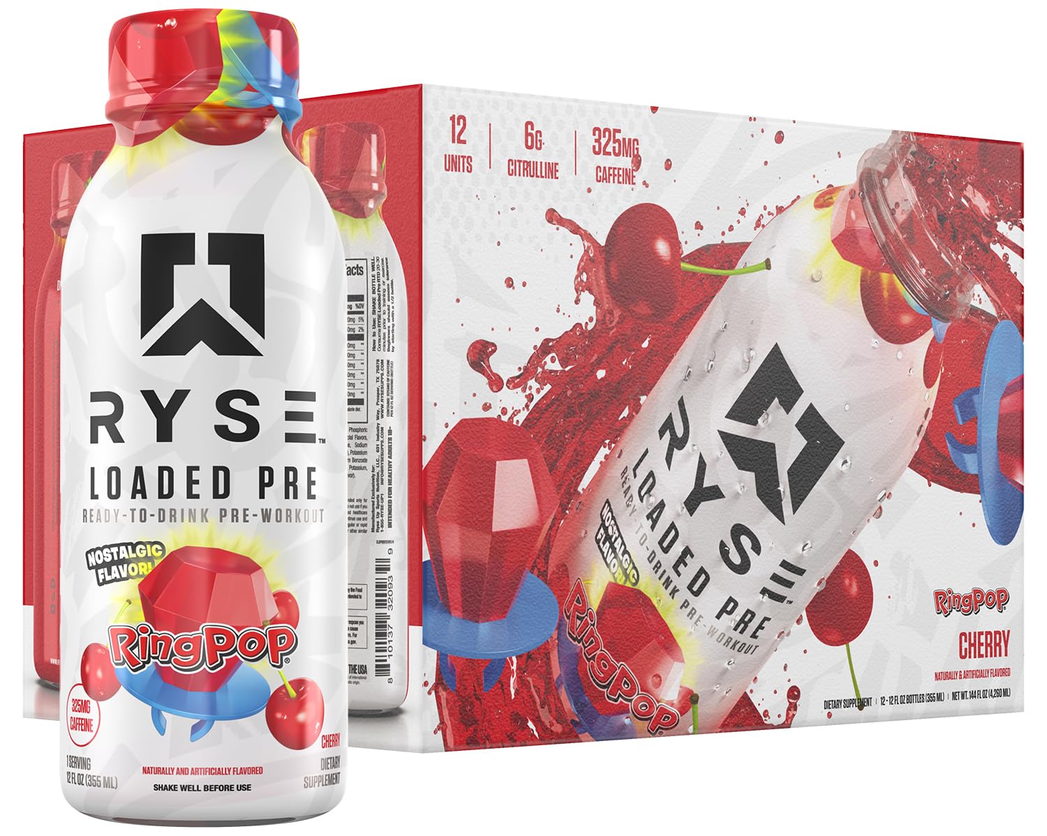 RYSE Loaded Pre Workout Drink - Ring Pop Cherry - Sugar-Free, Ready to Drink Energy Supplement with 325mg Caffeine, Citrulline & Beta Alanine for Focus & Pump - 12 fl oz Bottles (Pack of 12)